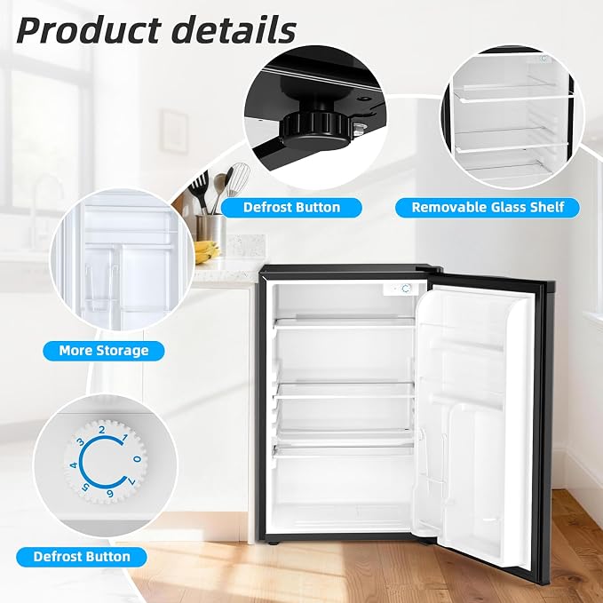 Antarctic Star 4.4 Cu.Ft Compact Refrigerator,Mini Fridge Single Door with Adjustable Thermostat,Removable Glass Shelves for Apartment/Dorm/Office,BLACK - Image 4