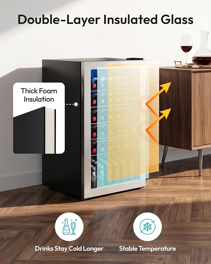 EUHOMY Wine Cooler, 128 Can Wine Fridge with Glass Door for Soda Beer or Wine, Mini Fridge for Home, Office, Bar with Removable Shelves, Silver - Image 5