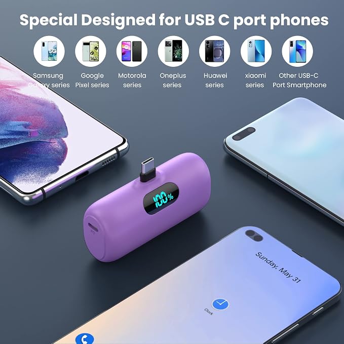 Mini Portable Charger 5000mAh Power Bank, 15w PD USB C Cell Phone Portable Power, LCD Display Battery Pack Compatible with Android Phone/Samsung Galaxy S22,S21/Note/Pixel/OnePlus 9 etc (Light Purple） - Image 3