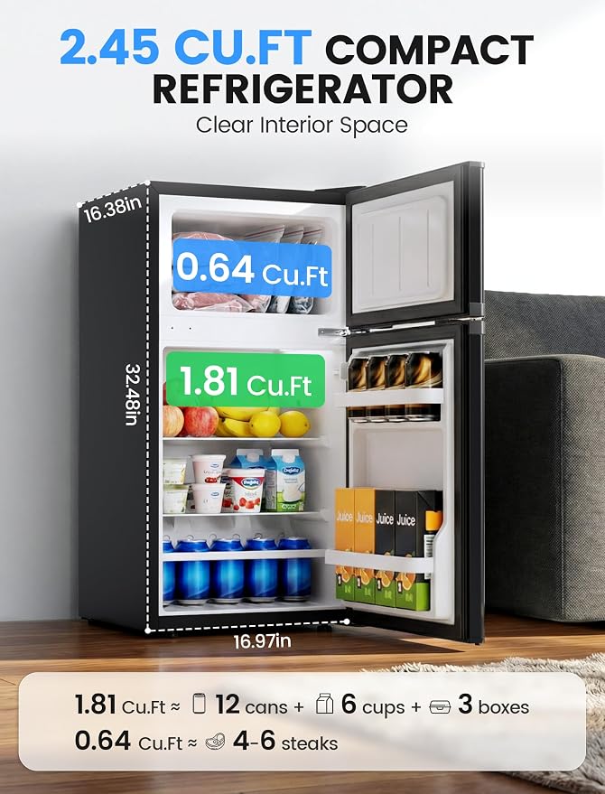COWSAR 3.2 Cu.Ft Mini Fridge with Freezer for Bedroom Office, Black | Single Reversible Door, 7 Temperature Settings, Energy Saving, 2 Removable Shelves, Compact Small Fridge for Apartment Dorm - Image 2