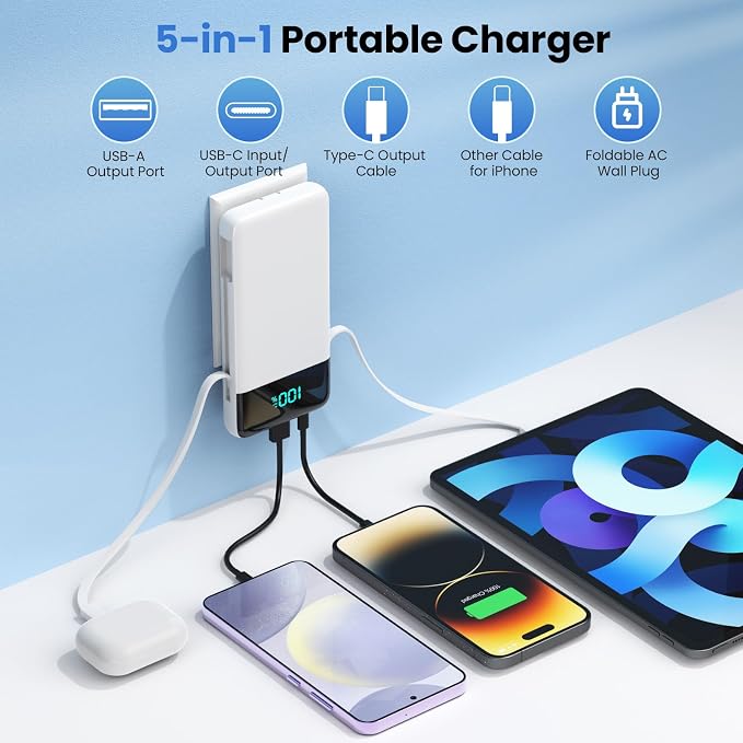 Portable Charger for iPhone,13800mAh Slim Power Bank with Built-in Cables & AC Wall Plug,All in One 4 Outputs USB C Fast Charging Battery Pack Travel Essential for iPhone 17/16/15/14,Android (White) - Image 2