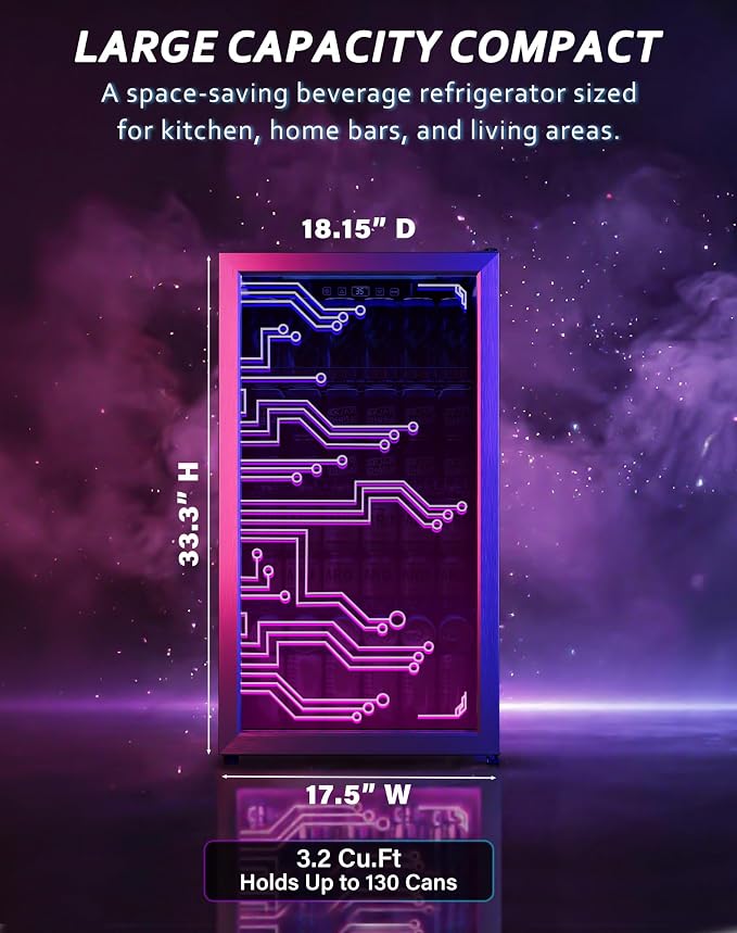 Tehanld 3.2 Cu.Ft Beverage Refrigerator, 130-Can LED Glass Door Fridge | 130 cans, 35-65°F digital temperature control, fan cooling, 3 movable shelves and an LED-lit display for home bars - Image 3