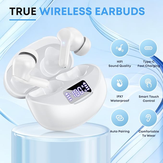 Wireless Earbuds Bluetooth 5.4 Headphones, Noise Cancelling Mic Ear Buds with 50H Playback, LED Digital Display, IPX7 Waterproof Earphones for Office/Running/Workout - Image 2