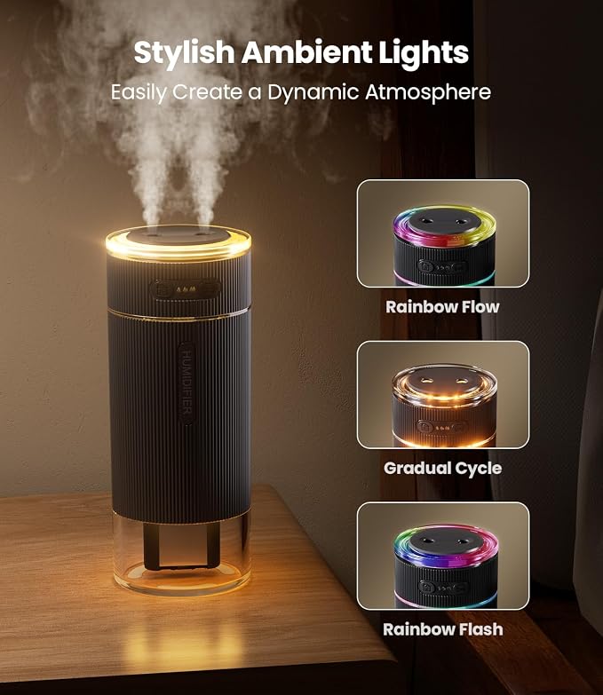 WSKEN Portable Small Humidifier for Bedroom - [Dual Nozzle Large Cool Mist] [Ambiance Lighting] [Car Smart On/Off] Ultrasonic Mini Personal Desk Air Humidifiers for Travel Office Baby Room,Black - Image 5
