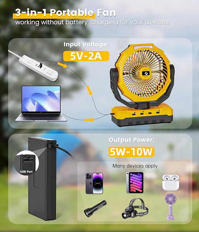 Korbot 36000mAh Portable Camping Fan - 120HRS Rechargeable Fan with Detachable Battery with LED & Remote - 4 Speeds Battery Powered for Tent,Travel, Office, Jobsite - Image 5