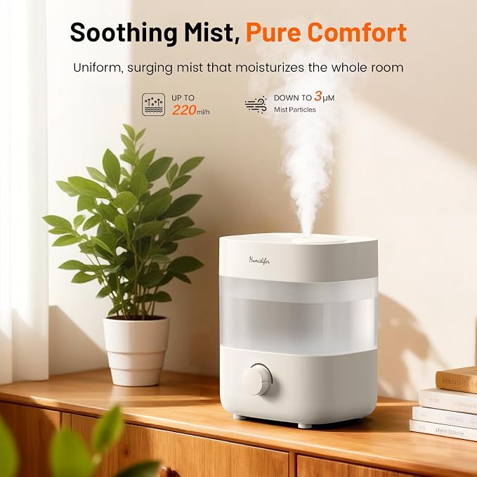 Humidifiers for Bedroom, 2L Tank for 15H, 20dB Quiet Mist Time, Dual Nozzles, Auto Shut-Off, Rotate to Adjust Mist Intensity, Rapid Ultrasonic Humidification for Baby Nursery and Plant (White) - Image 4