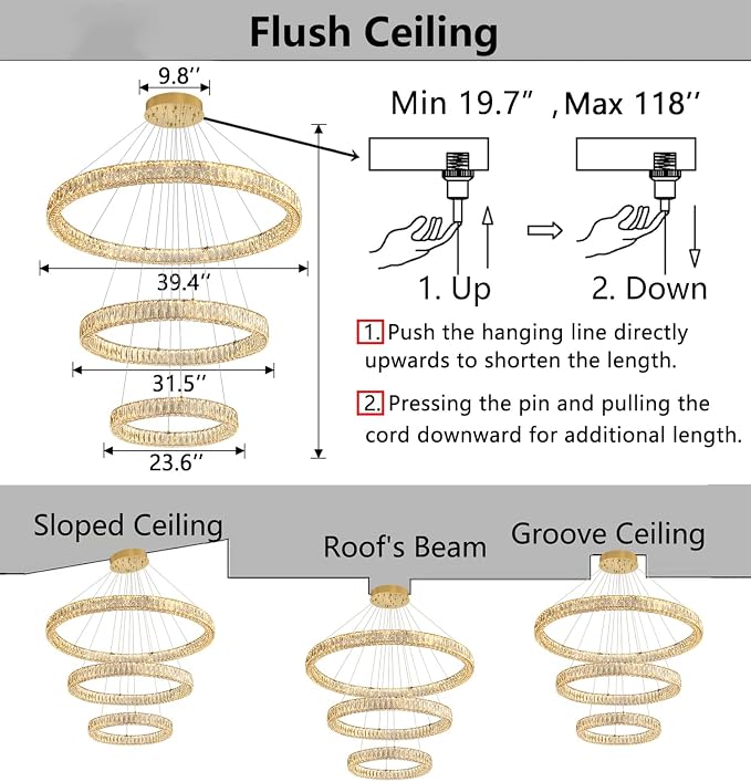 HAIXIANG Large Glam Chandelier Crystal LED 3 Rings Chandeliers Adjustable - Image 2