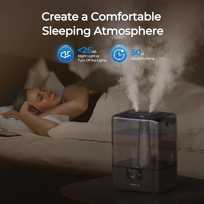 CHIVALZ Humidifiers for Bedroom, 6L Cool Mist Humidifiers for Baby Nursery, 26dB Quiet, 50H Runtime, Top Fill Humidifier for Large Room, Home, Plants, Nightlight, Oil Diffuser 1 Pack Black - Image 3