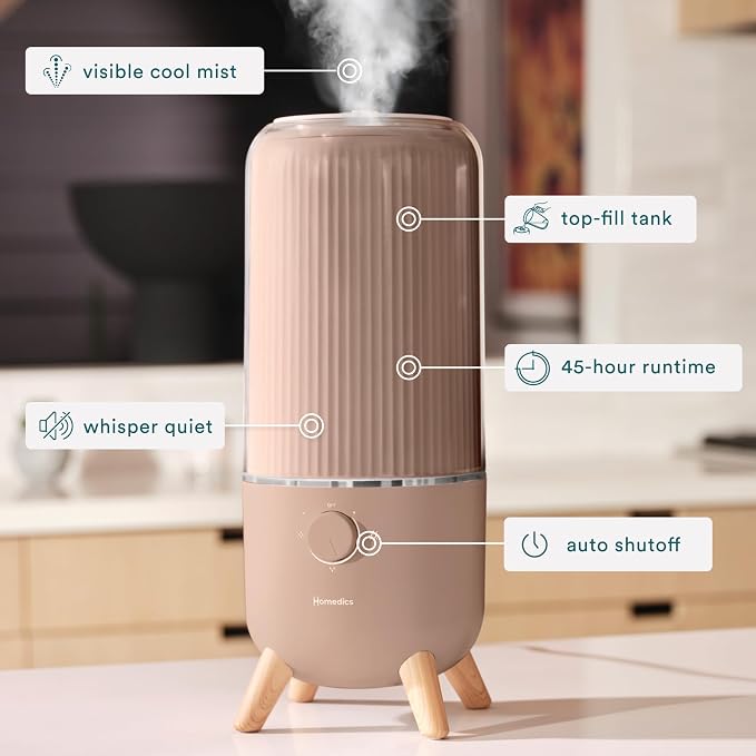 Homedics Ultrasonic Humidifier, Bedrooms and Home Offices, 0.97-Gallon Tank, 45-Hour Runtime, Visible Ultra-Quiet Cool Mist, Aromatherapy, Demineralization Cartridge, Night-Light, Auto-Off, Taupe - Image 3