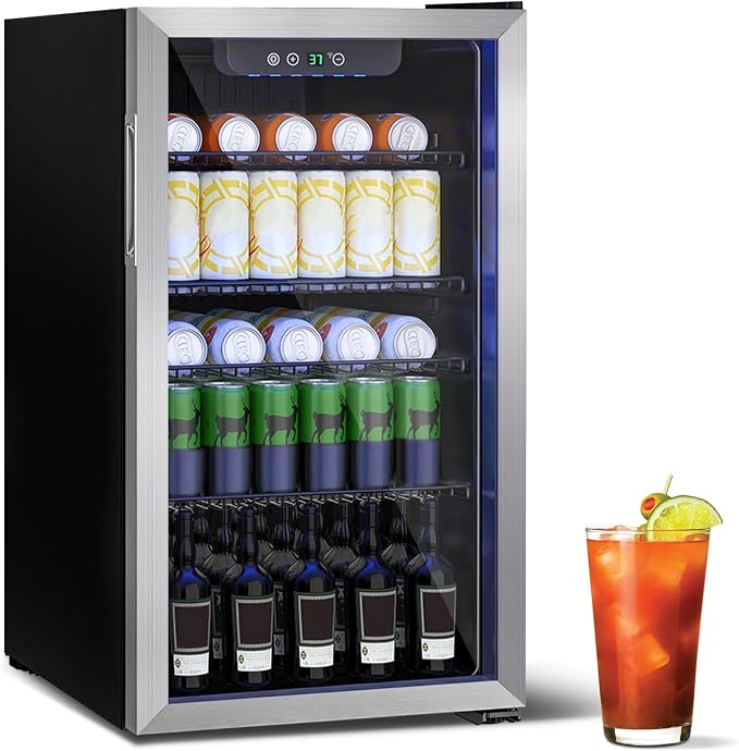 Stopasd Compact Beverage Refrigerator, 3.2 Cu.Ft/126 Can Drink Fridge with Adjustable Shelves & Glass Door for Soda Wine Beer, Quiet Undercounter Small Fridge for Home/Office/Bar/Garage,Sliver by Stopsad