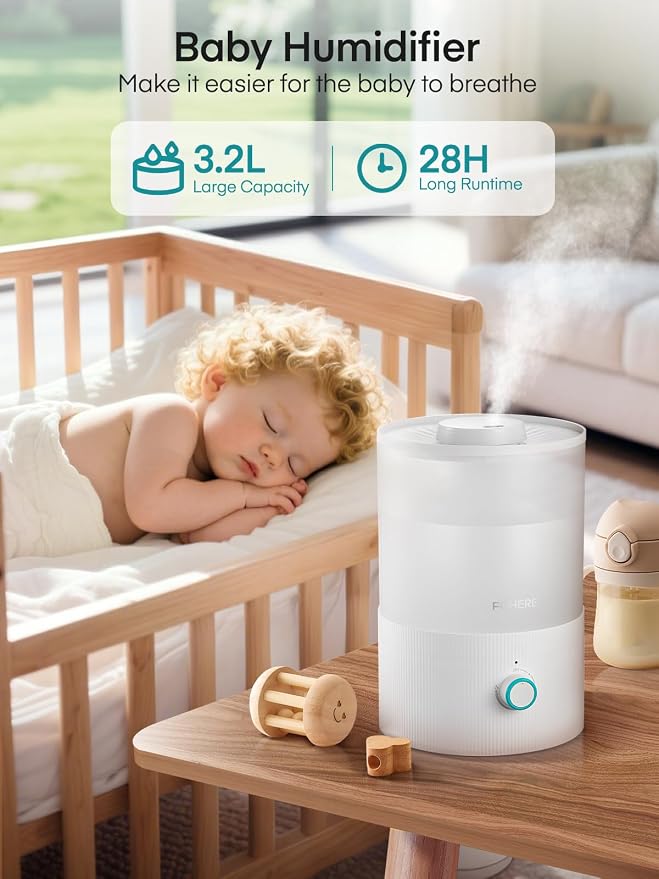 FOHERE Humidifier for Bedroom Baby, 3.2L Top Fill Cool Mist Humidifiers for Nursery, Home, 28H Ultra Quiet Runtime, Auto Shut-Off, Soft 7-Color Night Light, BPA-Free, Essential Oil Tray, White - Image 2