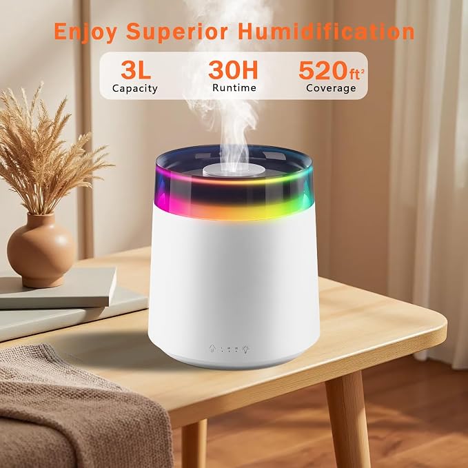 Humidifiers for Bedroom,3L Top Fill Cool Mist Humidifier for Baby Nursery,Essential Oil Diffuser for Large Room,3 in 1 Quiet Ultrasonic Humidifier for,Office,Plant,Nursery,BPA FREE (White) - Image 7