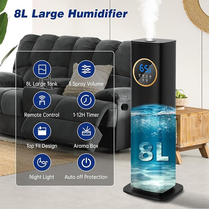 Humidifiers for Bedroom, 2.1Gal/8L Humidifier large room with Essential Oil Diffuser, Top Fill Whole House Cool Mist Humidifiers for Plants Baby Kids Adults(Black) - Image 3