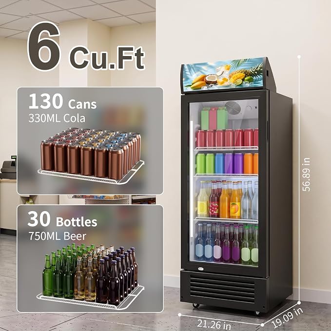 6 Cu.Ft Commercial Beverage Refrigerator with Glass Door | Merchandiser Display Fridge with LED Light, 7 Temp Control, 4 Lockable Casters for Retail Store Bar, Shops, Restaurants - Image 2