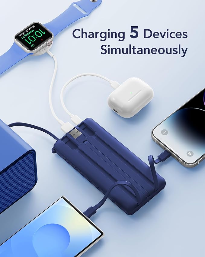 VRURC Portable Charger for iPhone, USB C Power Bank 10000mAh, Slim Travel Battery Pack with Built in Cables, 5 Outputs 2 Input Portable Phone Charger for iPhone 17 16 15 14 13, Samsung, Android-Navy - Image 4