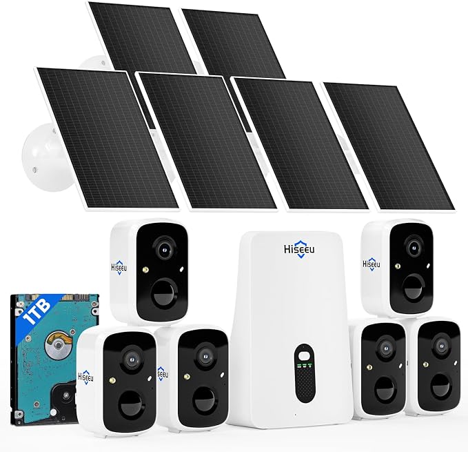Hiseeu Solar Security Cameras Wireless Outdoor System, 6 Cam-Kit, Expandable to by Hiseeu
