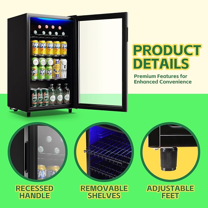 Beverage Refrigerator Cooler 3.5 Cu.Ft 120 Can Small Fridge Black | Large Capacity with Glass Door, LED Light & Adjustable Shelves for Soda Beer Wine, Perfect for Home Bar Office - Image 6