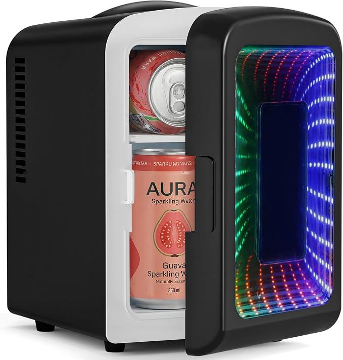 Antarctic Star Mini Fridge 4 Liter/6 Cans Portable Mini Compact Refrigerator with Gaming Light, for Bedroom,Car,Office and Dorm, Small Cooler for Cosmetics, Beverage and Food, Black by AntarcticStar