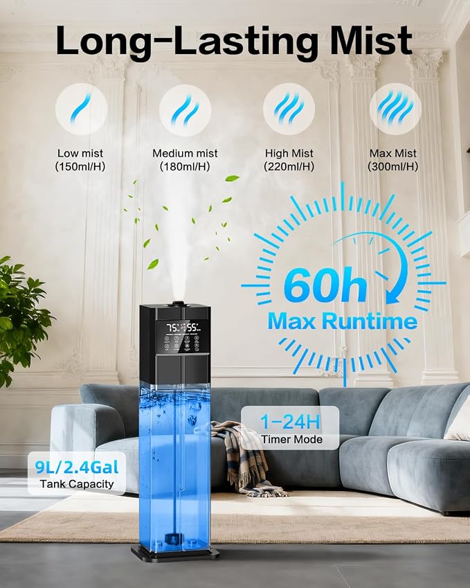Cool Mist Humidifiers for Large Room, Ultrasonic 2.4Gal 9L Quiet Top-Fill, Easy Clean with Essential Oil Tray, 360°Nozzle, 4 Speed, Remote, 60H Runtime, for Baby, Adults, Plants, Home, House, Bedroom - Image 4