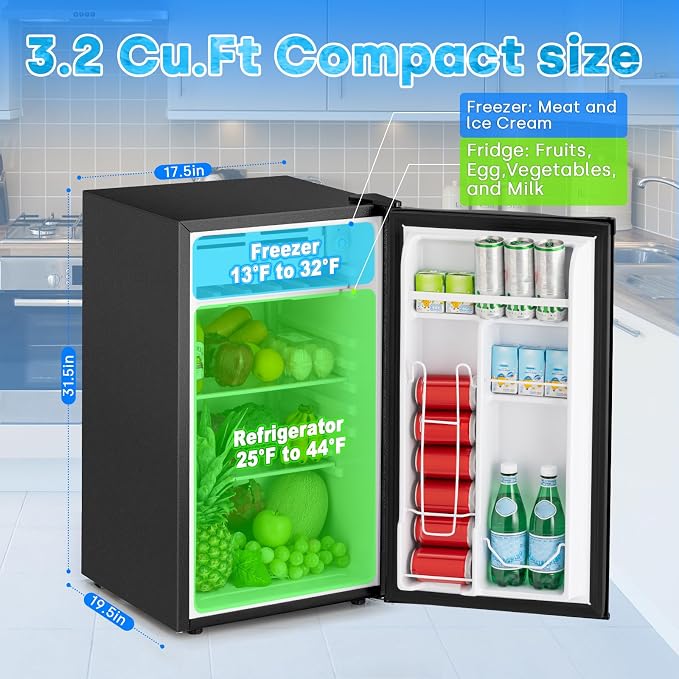 Refrigerator 3.2 Cu.Ft Mini Fridge with Freezer, 7-Temperature | Single Door Compact Refrigerator, Adjustable Thermostat & Removable Shelves for Dorm Apartment (1 Door) - Image 2