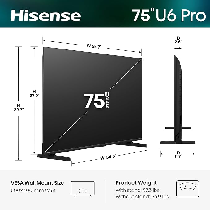 Hisense 75" U6 Pro Series Mini‑LED ULED 4K UHD HDR Gaming AI Smart Fire TV (75U6SF Pro, 2026 New) – Hi-QLED, Native 144Hz, Motion Rate 480, Dolby Vision IQ · Atmos, HDR10+, Glare-Free, Alexa+ - Image 3