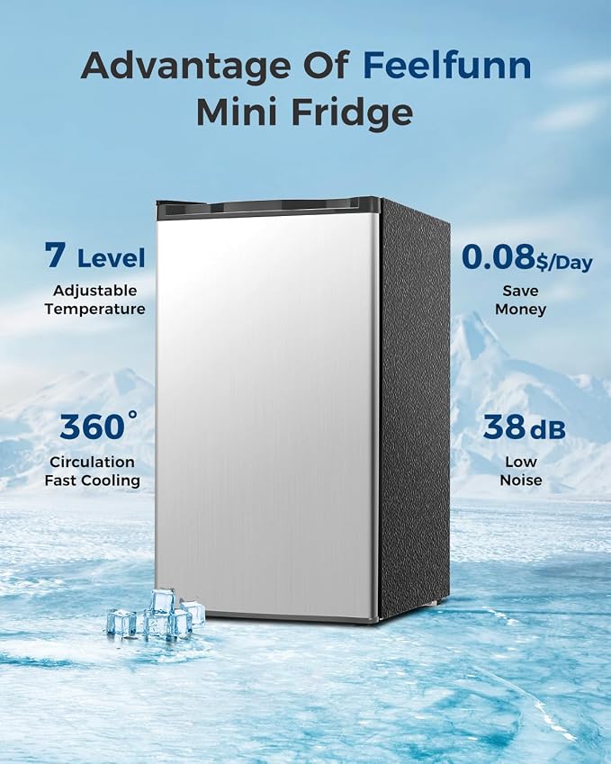 Feelfunn Mini Fridge with Freezer - 3.2 Cu.Ft Single Door Mini Refrigerator with Adjustable Thermostat, Energy Saving, Low Noise, Small Fridge for Bedroom, Office, Dorm, Apartment, Classroom - Silver - Image 6