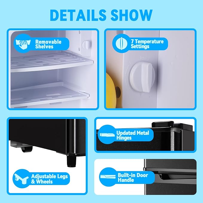 Mini Fridge with Freezer 2.4 Cu.ft Mini Refrigerator Freezer Double Doors 7 Modes Temp Suit for Apartment Bedroom Office Black - Image 6