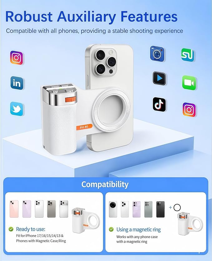 Magnetic Phone Camera Grip for iPhone & Android, Zoom Control and 1/4" Tripod - Image 5