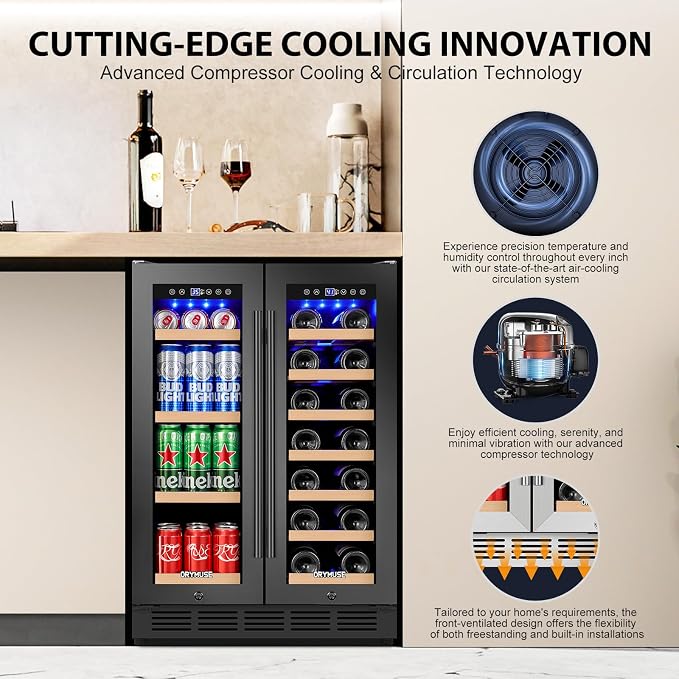 24" Dual Zone Wine & Beverage Refrigerator – Under Counter Cooler with Upgraded Cooling & Blue LED Light, Hold 20 Bottles and 88 Cans Large Capacity Wine Fridge, Built-In or Freestanding – Black - Image 2