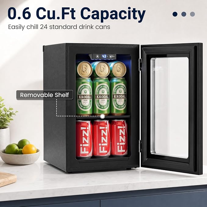 COSTWAY 24 Cans Beverage Refrigerator, 18L/0.6 Cu.Ft Countertop Mini Fridge | Quiet Drink Cooler with Touch Panel, 40-61℉ Thermostat, Tri-Layer Insulated Door and Blue LED Lights for Home Office & Bar - Image 3