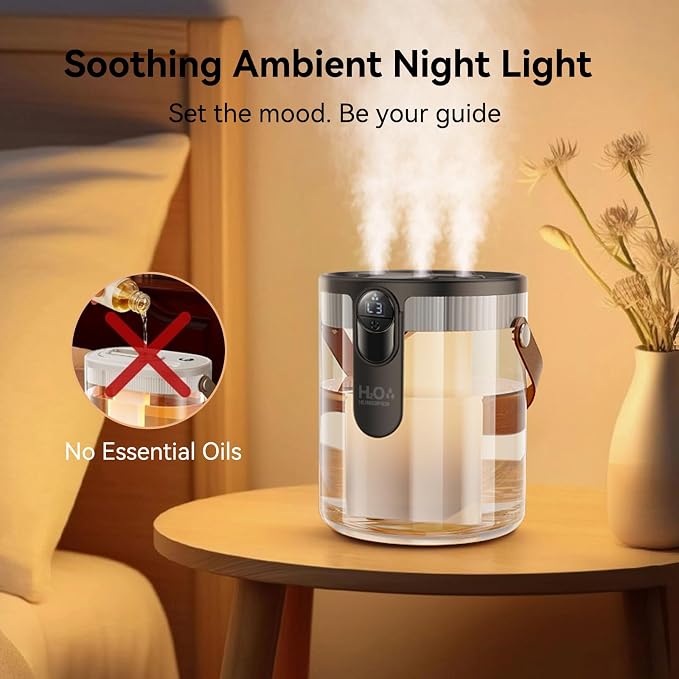 Rechargeable Portable Top Fill Humidifier, Smart Humidifiers for Bedroom, Night Light, 1.4L Cool Mist Humidifier for Office Home Plant Baby, 3-Speed Mist Control, Quiet, Auto Shut-Off (Grey) - Image 6
