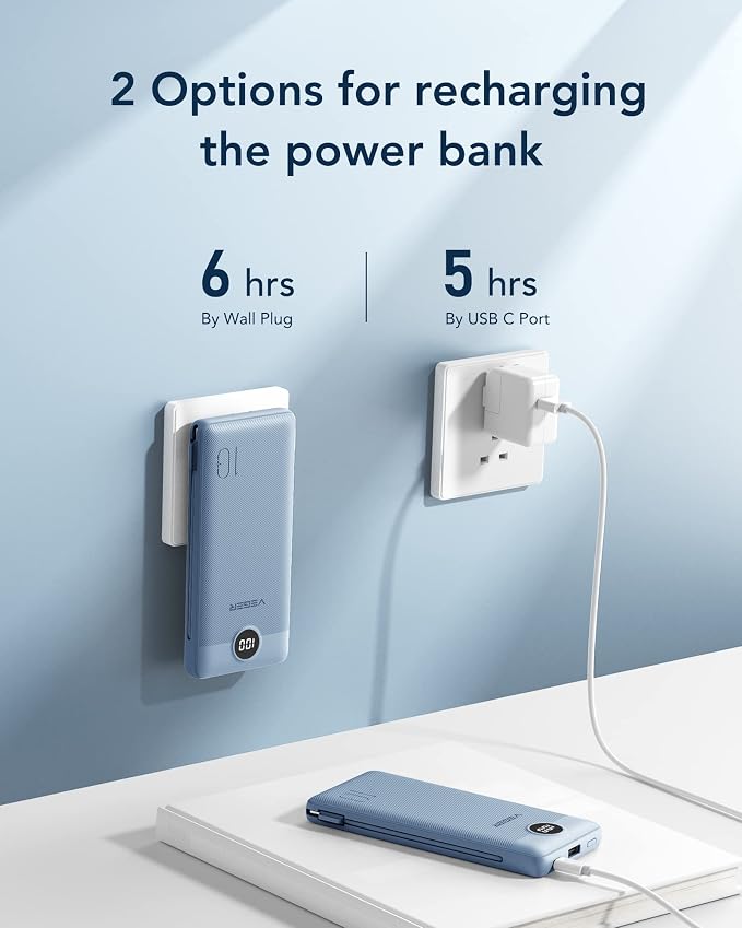VEGER Portable Charger with Built-in AC Plug and Cables, All in One 10000mAh Ultra Slim Power Bank Travel Essentials, Fast Charging Battery Pack Compatible with iPhone, Samsung, Android (Blue) - Image 5