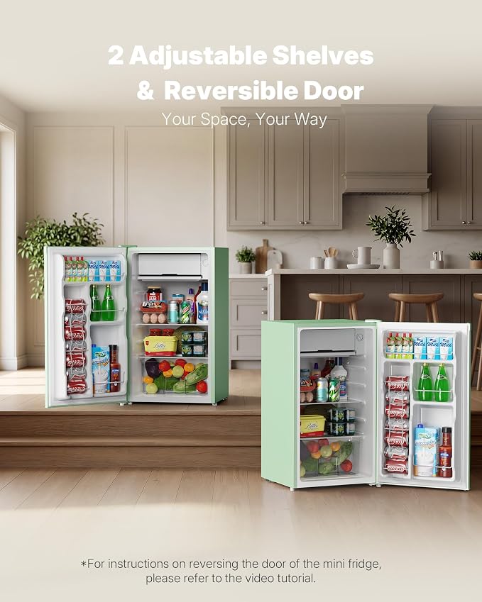 Upstreman 3.2 Cu.Ft Mini Fridge with Freezer, Green-BR321 | Adjustable Thermostat, Energy Saving, Low Noise, Reversible Door, Small Refrigerator for Dorm, Bedroom, Office - Image 5