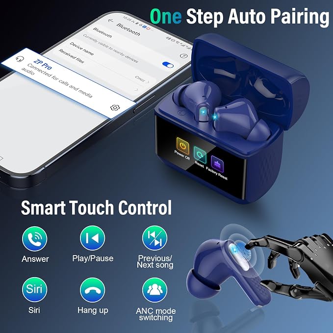 Wireless Earbuds, Touch Screen Case, ANC/ENC Noise Cancelling, 48H, Blue | Touch Screen Controls, 5 EQ Modes, Bluetooth 5.4, HiFi Stereo, Transparency Mode, IPX7 Waterproof, All-Day Comfor - Image 7