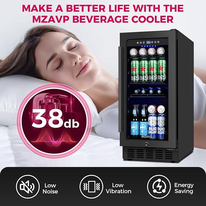 15 Inch Beverage Cooler Refrigerator, 15" Beverage Cooler Under Counter 130 Cans Beverage Fridge with Glass Door, Freestanding or Built-In Mini Drinks Fridge with Lock for Soda, Beer, Black - Image 6
