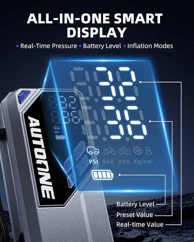 AUTOONE 10000A Jump Starter with Air Compressor, 24000mAh Jump Box with Tire Inflator (All Gas & Diesel) Portable Car Battery Booster Jumper Starter Pack, Jumper Cables, Type C, 60W Charging, Light - Image 9