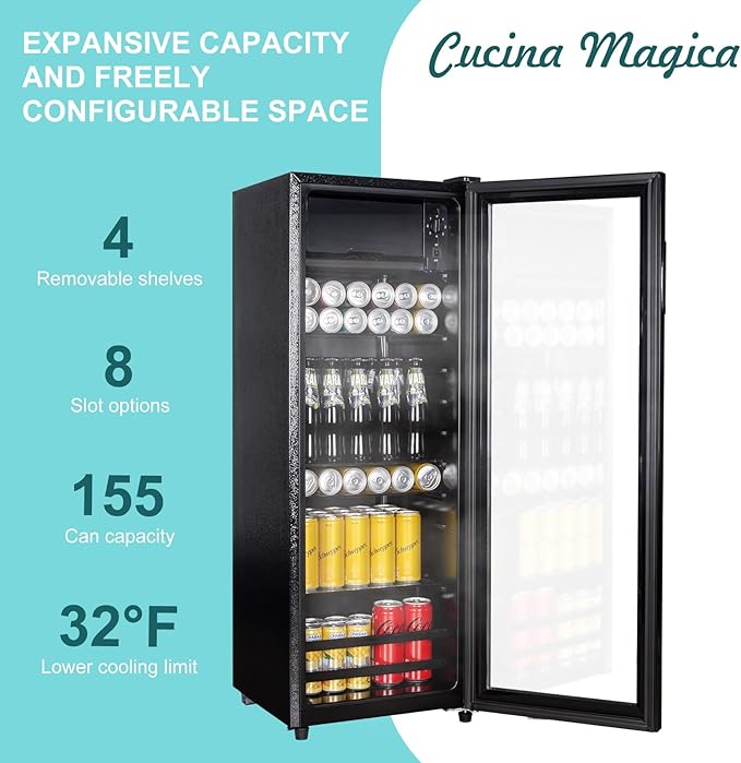 Cucina Magica 4.8 Cu.Ft Beverage Refrigerator, 155 Can Mini Fridge with Freeze with Glass Door, Adjustable Shelves, Drink Fridge, Suitable for Soda, Beer, Essential for Home/Bar - Image 2