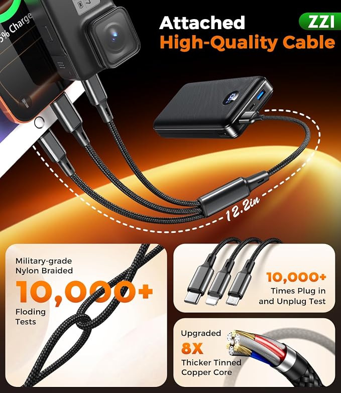 Portable Charger Power Bank, 60000mAh Battery Pack with 3 in 1 USB-C/iOS/Micro-USB Cable, 22.5W Fast Charging Portable Phone Charger, Travel Camping Essential Powerbank for iPhone 17/16 Samsung,Ebony - Image 6