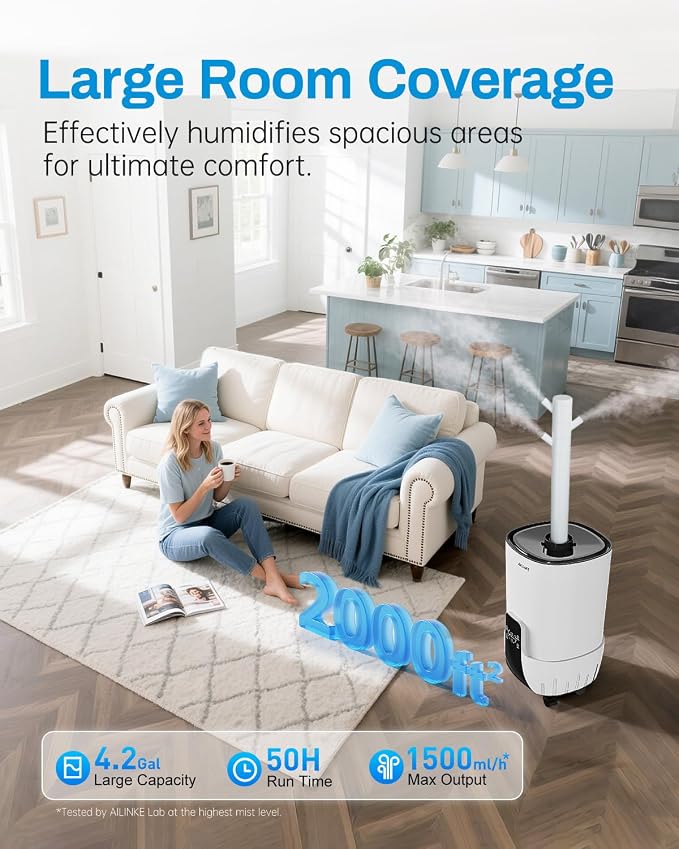 Humidifier large room 16L/4.2Gal - AILINKE Whole house Humidifier for Home 2000 sq.ft. with 3 Atomizers, Ultrasonic Cool Mist Humidifiers for Bedroom with Extension Tube, White - Image 2