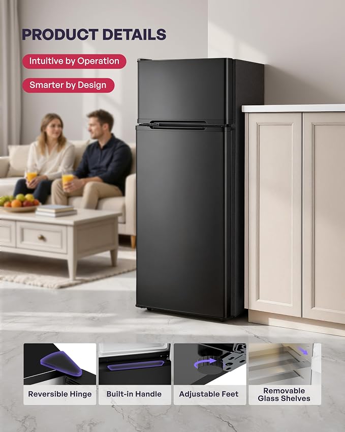 4.5 Cu.Ft Mini Fridge with Freezer, 2 Doors Small Fridge with Adjustable Thermostat & Removable Glass Shelves, Small Refrigerator for Kitchen Office Dorm, Quiet Operation, Black - Image 4