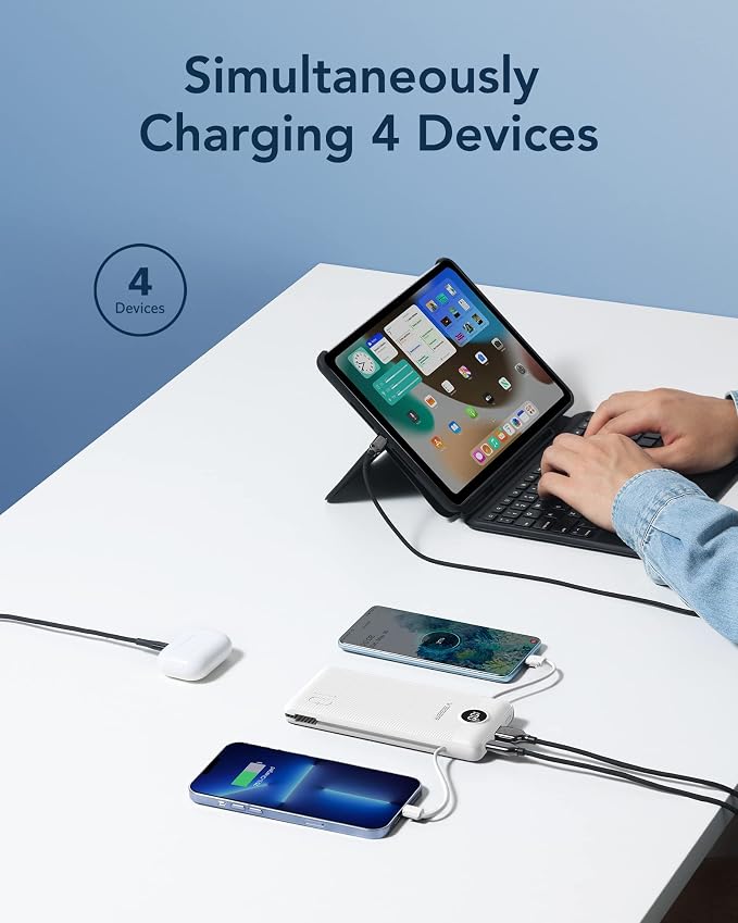 VEGER Portable Charger with Built-in AC Plug and Cables, All in One 10000mAh Ultra Slim Power Bank Travel Essentials, Fast Charging Battery Pack Compatible with iPhone, Samsung, Android (White) - Image 4