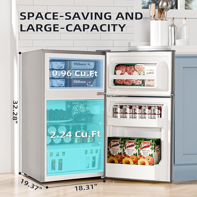 Kismile 3.2 Cu.Ft Mini Fridge with Freezer, 2 Door Dorm Refrigerator Grey | Adjustable Thermostat, Removable Shelves, Food & Beverage Storage, Dorm Mini Fridge for Bedroom/ Office/ College/ Apartment - Image 3