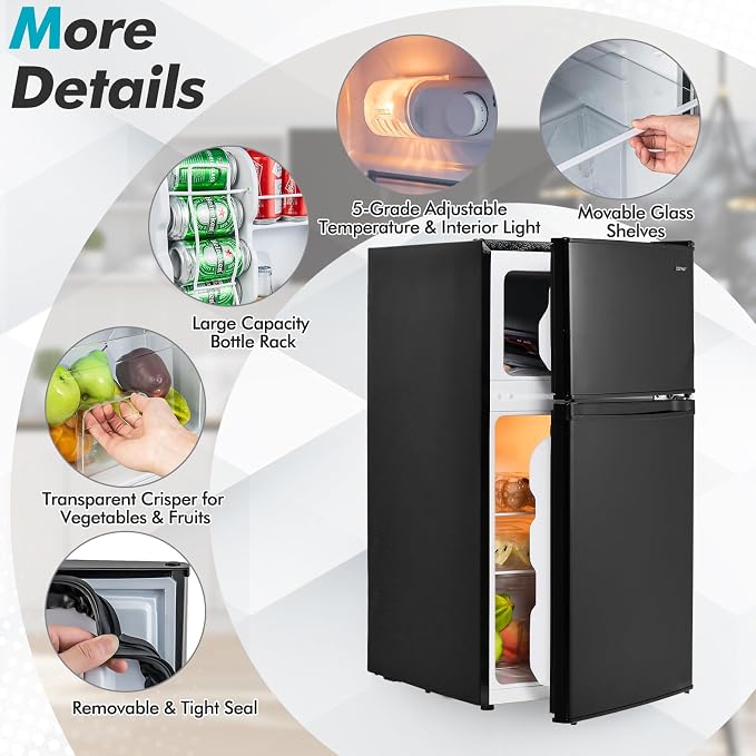 COSTWAY 3.2 Cu.Ft. Mini Fridge with Freezer, 2 Door for Office Bedroom Dorm | Compact Small Refrigerator with Reversible 2 Door, Adjustable Thermostat, Removable Glass Shelves for Food & Drink, Black - Image 7