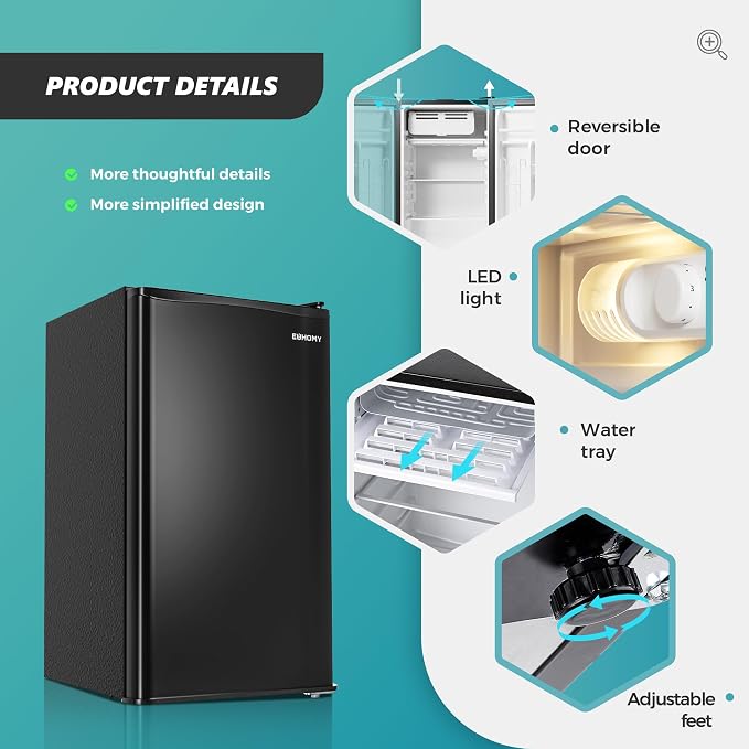 EUHOMY 3.2 Cu.Ft Mini Fridge with Freezer, Single Door Compact Refrigerator, Adjustable Thermostat, Mini Refrigerator Energy Saving, Mini fridge for Bedroom, Dorm, Office, Black - Image 5