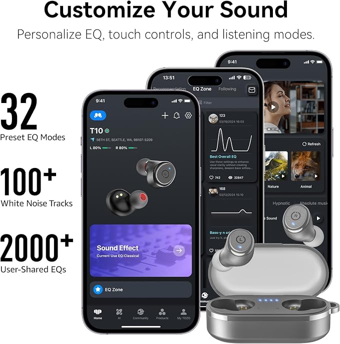 TOZO T10 Wireless Earbuds Powerful Bass Stereo Wireless Charging, APP, IPX8 | Waterproof, 55H Playtime, Ergonomic Design In Ear buds, App Customize EQ, Bluetooth 5.3 Headphones for Work, Travel, Gray - Image 6