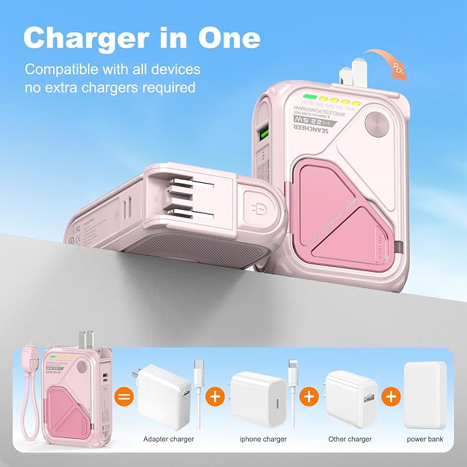 P05 Portable Charger, Magnetic Power Bank, Small Wireless PowerBank,Emergency Battery Pack 10000mAh Travel Essentials Fast Charging with Built in Cable, Wall Plug for iPhone,Samsung,Andriod (Pink) - Image 2