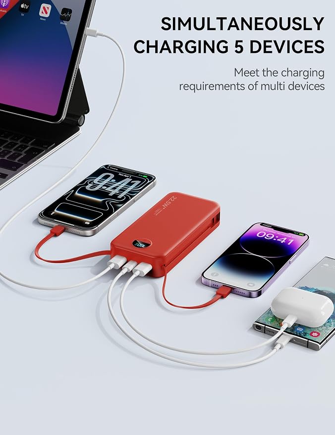 Portable Charger, 20000mAh 22.5W Fast Charging Power Bank with Built-in Cables & Wall Plug, USB C External Battery Pack with LED Display, Travel Essentials Phone Charger for iPhone iPad Samsung Red - Image 6
