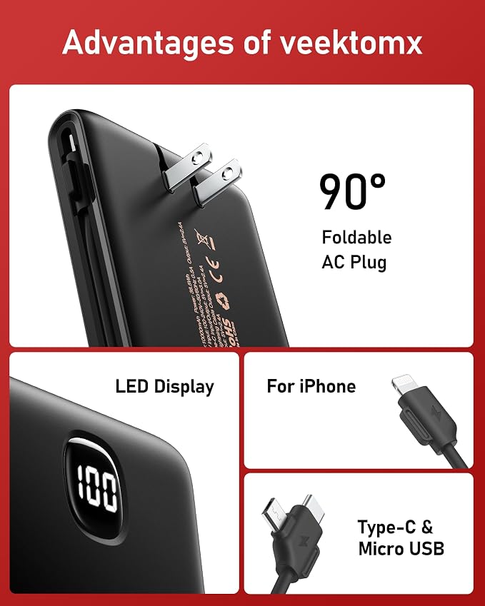 VEEKTOMX Portable Charger with Built in Cables 10000mAh, Power Bank for iPhone with AC Wall Plug, Fast Charging USB C Slim Battery Pack with LED Display Compatible with iPhone 17/16/15/14, Samsung - Image 8