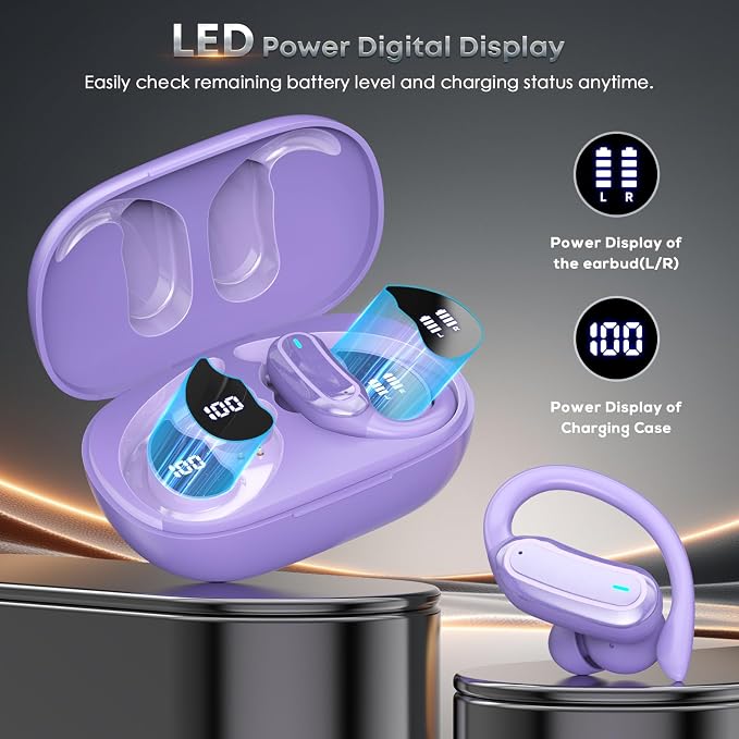 TRAUSI Wireless Earbuds Bluetooth Headphones, 54H Playtime Stereo Over Ear Buds with ENC Noise Cancelling, LED Power Display, IPX7 Waterproof Sport Earphones with Earhooks for Running/Workouts Purple - Image 5