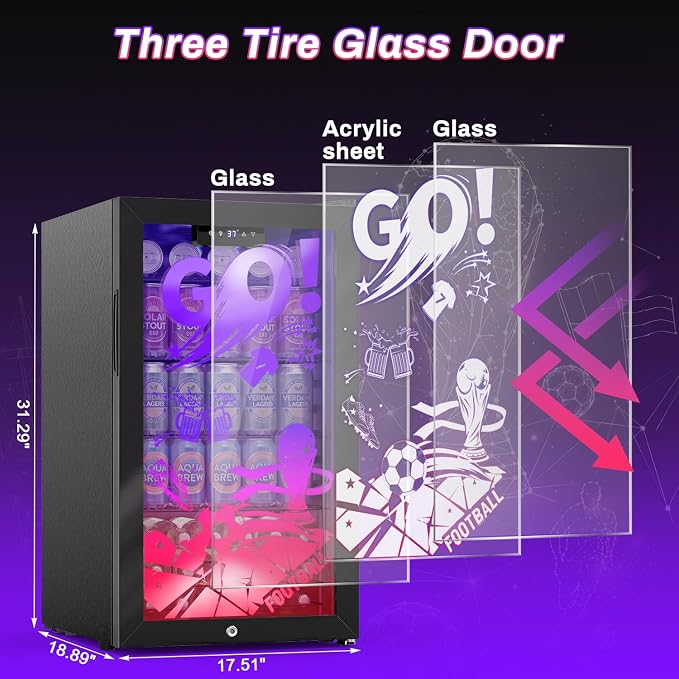 Velivi Gaming Mini Fridge with Led Lights, 3.2 Cu Ft Gaming Light Up Glass Door Beverage Refrigertor Small Lockable Drink Cooler For For Soda Beer, Cyberpunk Gaming Rooms Bar Home Party | 3.2 Cu Ft Small Lockable Drink Cooler For For Soda Beer, Cyberpu... - Image 2